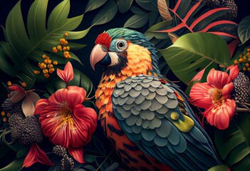 Wall Mural - Tropical vintage exotic bird, flower, fruit, palm leaves floral . Exotic jungle wallpaper. AI Generative. Generative AI