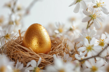 Golden glittering Easter egg in nest among spring white flowers.