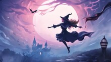 Witch Flying On Big Full Moon Night Background Halloween Theme Fantasy.
