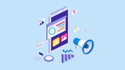 isometric Marketing Strategy. Business analysis, content strategy and management concept. 2d video animation 4k clip