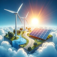 green energy - isometric solar panels and wind turbines illustration