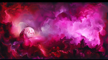 An Abstract Painting Of A Pink Ball In The Clouds, In The Style Of Neurocore, Detailed Science Fiction Illustrations
