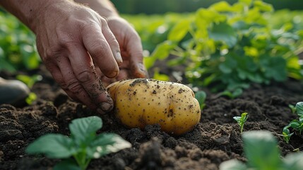 Wall Mural - Tubers of new potatoes.Harvesting. A man digs potatoes with a shovel.