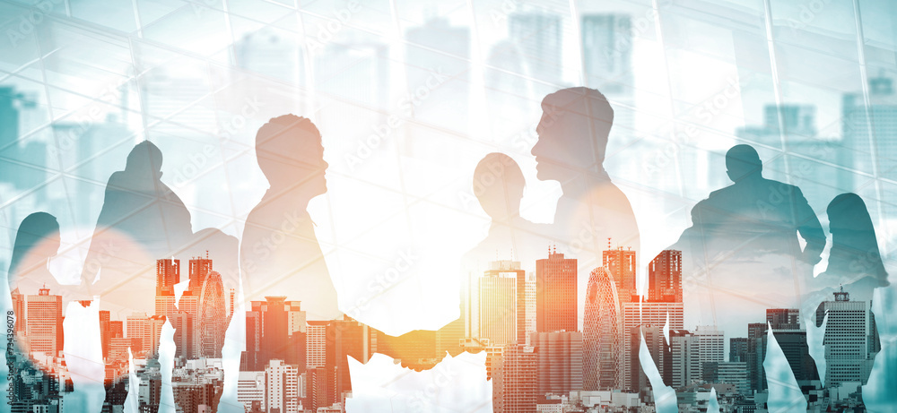 Double exposure image of many business people conference group meeting ...