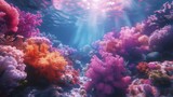 Fototapeta Do akwarium - Vibrant coral reef frames underwater snorkeling, fluorescent fantasy adventure