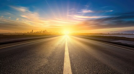 Sticker - Sunlit Road Towards Urban Skyline at Sunset