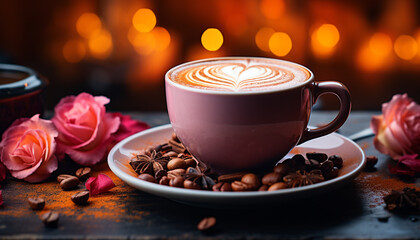 Poster - Aromatic coffee cup on wooden table, a cozy refreshment generated by AI