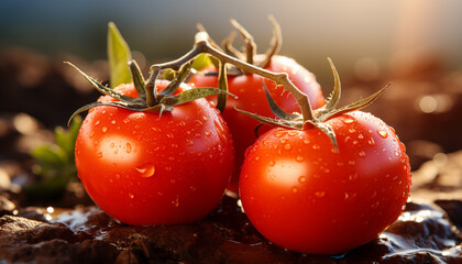 Sticker - Fresh organic tomato, a healthy vegetarian meal on a table generated by AI