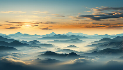 Wall Mural - Mountain peak silhouette, sunset sky, nature beauty in panoramic landscape generated by AI