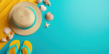 Top View Flat Lay Summer Holiday Vacation Concept, Beach Hat, Flip Flops And Shells, Starfish On Blue Background