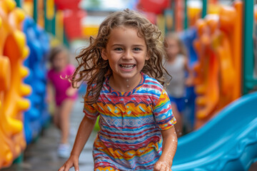 Canvas Print - Smiling children playing games and running freely in a colorful playground. Concept of carefree childhood happiness. Generative Ai.