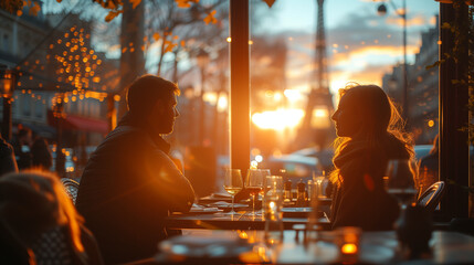  a couple of men and woman having dinner at sunset in Paris France with Eiffel tower on the background, romantic dinner 