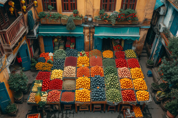 Wall Mural - A drone image of a bustling outdoor market, showcasing the vibrant colors and diverse stalls of a community gathering. Concept of aerial market exploration. Generative Ai.