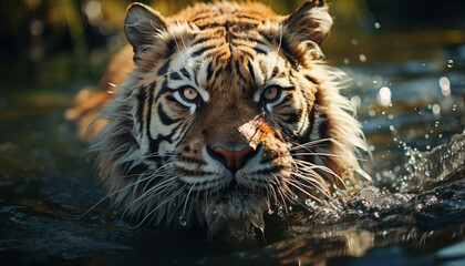 Wall Mural - Majestic Bengal tiger staring, reflecting in tranquil pond, wild beauty generated by AI