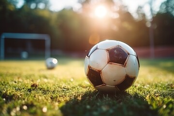 Wall Mural - After game. Closeup soccer ball on grass of football field at crowded stadium