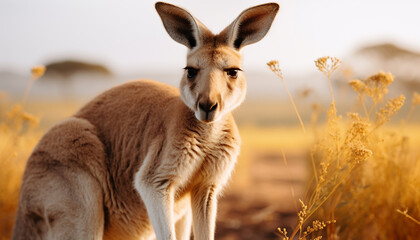 Poster - Cute mammal looking at camera in grassy meadow at sunset generated by AI