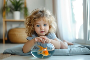 Wall Mural - A curious toddler gazes out the window, mesmerized by the shimmering goldfish in a bowl on the floor, surrounded by scattered tableware