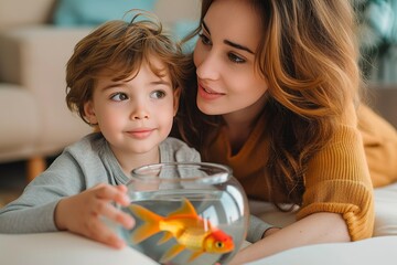 Wall Mural - A young woman and a curious toddler share a smile as they gaze at the colorful fish swimming inside the glass bowl, their matching clothing adding to the cozy indoor scene