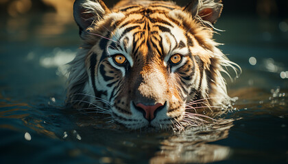 Wall Mural - Majestic tiger, striped beauty, staring in tranquil winter forest generated by AI