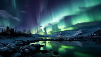 Poster - Majestic mountain range illuminated by starry aurora in arctic night generated by AI