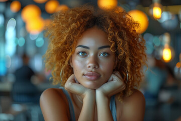 Wall Mural - A thoughtful female entrepreneur strategizing in a co-working space, showcasing the determination and vision of women in the business world. Generative Ai.