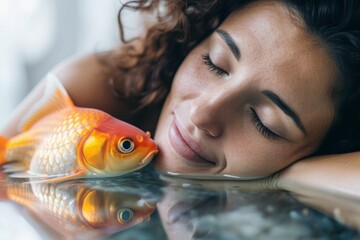 Wall Mural - A serene woman embraces the peacefulness of the underwater world as a shimmering goldfish rests upon her closed eyes