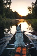 Wall Mural - A loyal companion and their human enjoy a serene journey on a canoe, gliding through the peaceful waters of a river as the sun sets behind the towering trees and paints the sky with vibrant hues