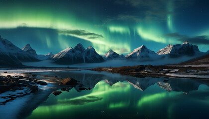 Wall Mural - majestic mountain peak reflects in tranquil water, winter adventure awaits generated by ai