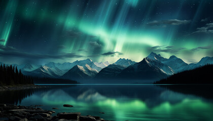 Wall Mural - majestic mountain range reflects tranquil milky way in night sky generated by ai