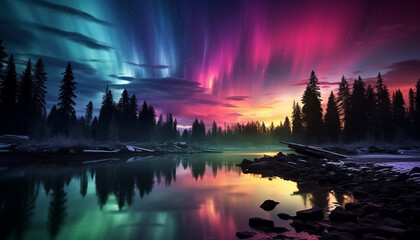 Wall Mural - Majestic mountain range reflects tranquil multi colored sky at dusk generated by AI