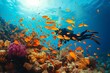 Exploring the vibrant underwater world, a scuba diver glides through a colorful coral reef, surrounded by a diverse community of fish and marine organisms