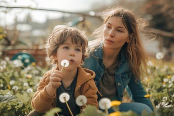 a mother and her young child share a peaceful moment surrounded by vibrant dandelions in a lush fiel