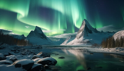 Wall Mural - majestic mountain peak illuminated by aurora in arctic winter generated by ai