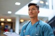 © LifeMedia - A cheerful doctor in blue scrubs gazes confidently at the camera, his stethoscope a symbol of his dedication to healing, as he stands against a plain wall and ceiling, the only hint of personality in
