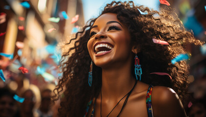 Poster - One young woman enjoying the nightlife, smiling and looking away generated by AI