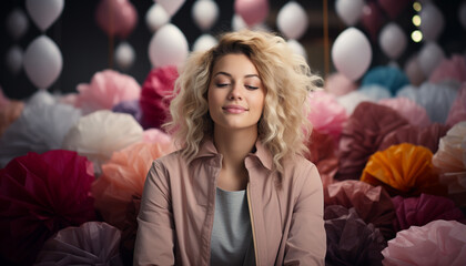 Wall Mural - A beautiful young woman smiling, enjoying the autumn outdoors generated by AI