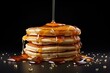 A droplet of sweet honey drops onto a pile of fluffy pancakes. Generative AI