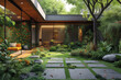A garden-filled courtyard within a residence, promoting biodiversity and creating a micro-ecosystem within the home environment. Concept of sustainable landscaping. Generative Ai.