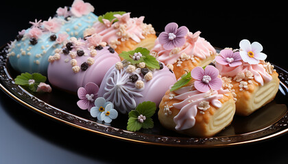 Wall Mural - Homemade gourmet dessert sweet macaroon with strawberry icing generated by AI
