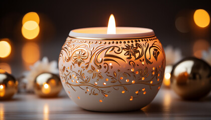 Canvas Print - Glowing candle illuminates dark room, symbolizing spirituality and celebration generated by AI