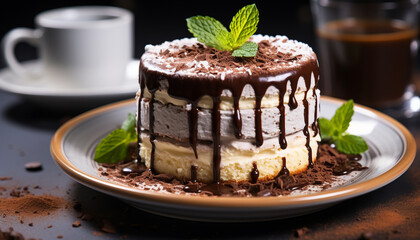 Wall Mural - Homemade chocolate cake with fresh mint leaf decoration generated by AI
