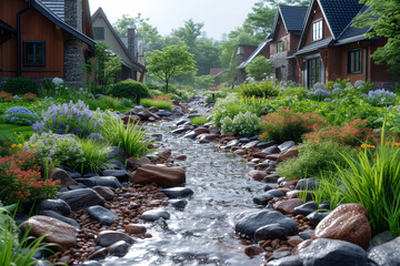 Wall Mural - a residence with a rain garden, allowing for the natural filtration of rainwater and minimizing runo