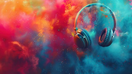 World music day banner with headset headphones on abstract colorful dust background. Music day event and musical instruments colorful design