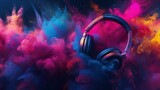 Fototapeta  - World music day banner with headset headphones on abstract colorful dust background. Music day event and musical instruments colorful design