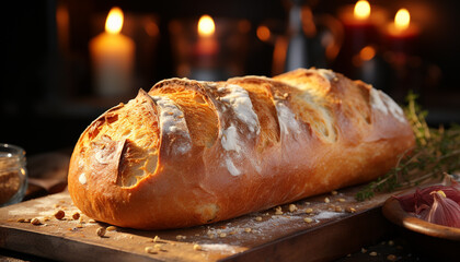 Wall Mural - Freshly baked bread on rustic table, flame adds warmth generated by AI