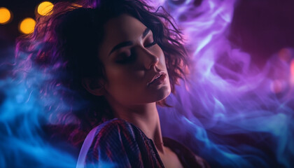 Poster - Young adult woman with curly brown hair, illuminated in purple generated by AI