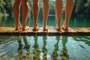 A tranquil summer scene captures a group of people gathered on a dock over the shimmering waters of a lake, surrounded by lush trees and a lone boat, reflecting the carefree essence of outdoor fun an