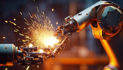 Sticker - Automated robotic arm welding steel in futuristic metal industry generated by AI