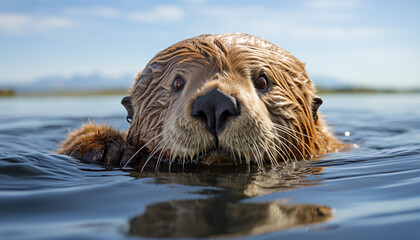 Wall Mural - Cute seal swimming in tranquil blue water, looking at camera generated by AI