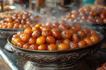 Poster - The aroma of freshly baked dates and aromatic spices wafting through the air as families prepare special Ramadan desserts at home. Concept of culinary traditions. Generative Ai.